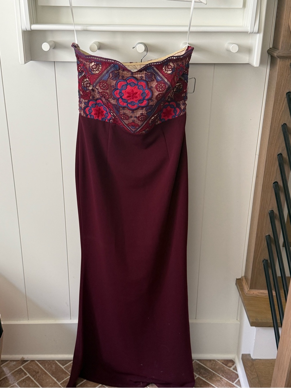 Minuet Strapless Burgundy Dress with Embroidered Bodice